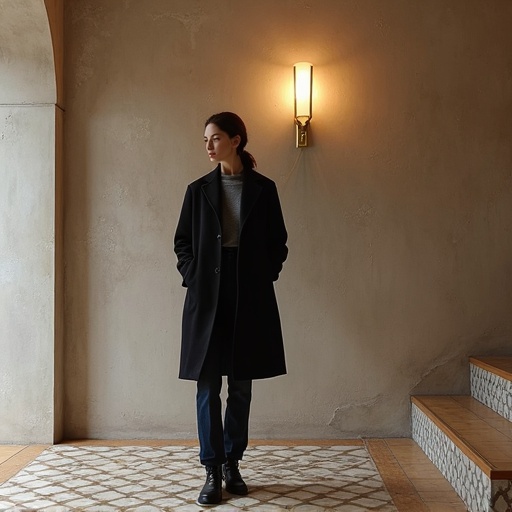 Image features a model standing in an urban setting. The background has a light fixture illuminating the wall. The floor has a herringbone pattern. The model is dressed in modern attire, showcasing elegance. The scene contains textures from the surroundings like tiles and wood.