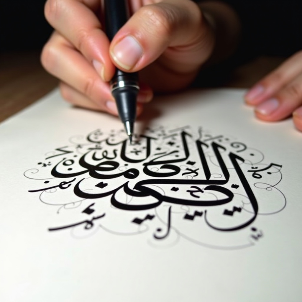 Close-up of hand using pen for Arabic calligraphy. Bold black ink on white paper. Hand steady and focused. Designs decorate main calligraphy. Soft lighting enhances strokes.