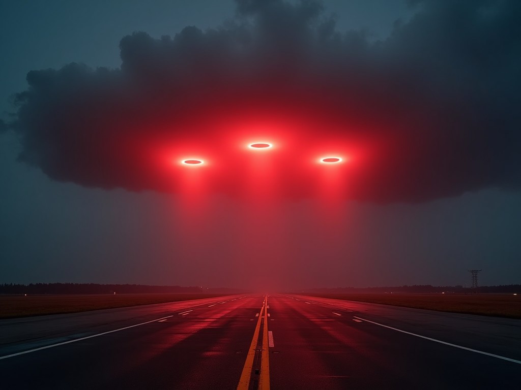 A mysterious and atmospheric image of glowing red circles in a cloudy sky over a runway, evoking themes of UFOs and science fiction.