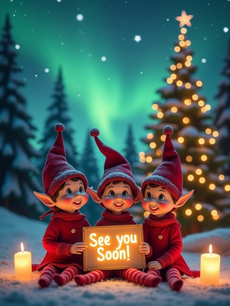 Three cheerful elves sit together holding a bright 'See you Soon' sign in a magical Christmas setting. Northern lights illuminate the night sky along with a decorated Christmas tree. The scene has twinkling lights and a warm glow from candles in the snow. Each elf is dressed in red outfits and pointy hats. The atmosphere captures the holiday spirit perfectly.