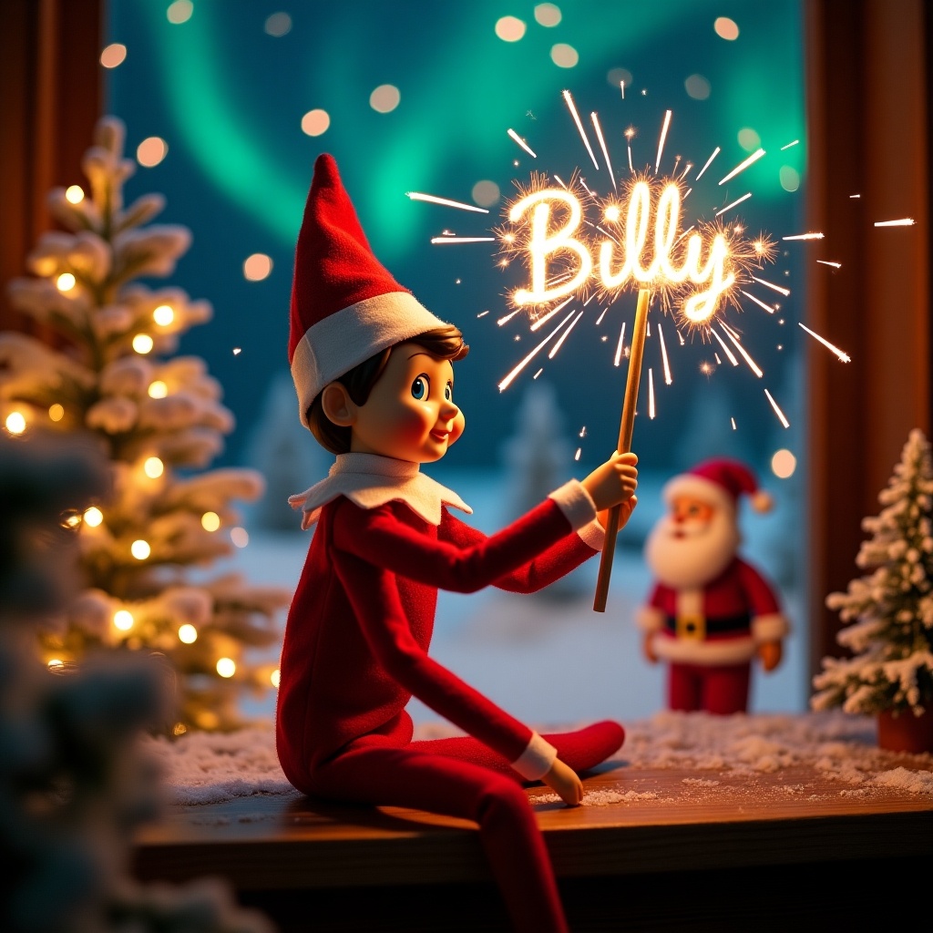 An enchanting Christmas scene with an elf on the shelf and Santa. The elf is in red and white, using a magic wand to write 'Billy' with a sparkler. The background has vibrant northern lights, creating a magical ambiance. The elf's actions express the joy of the holiday season.