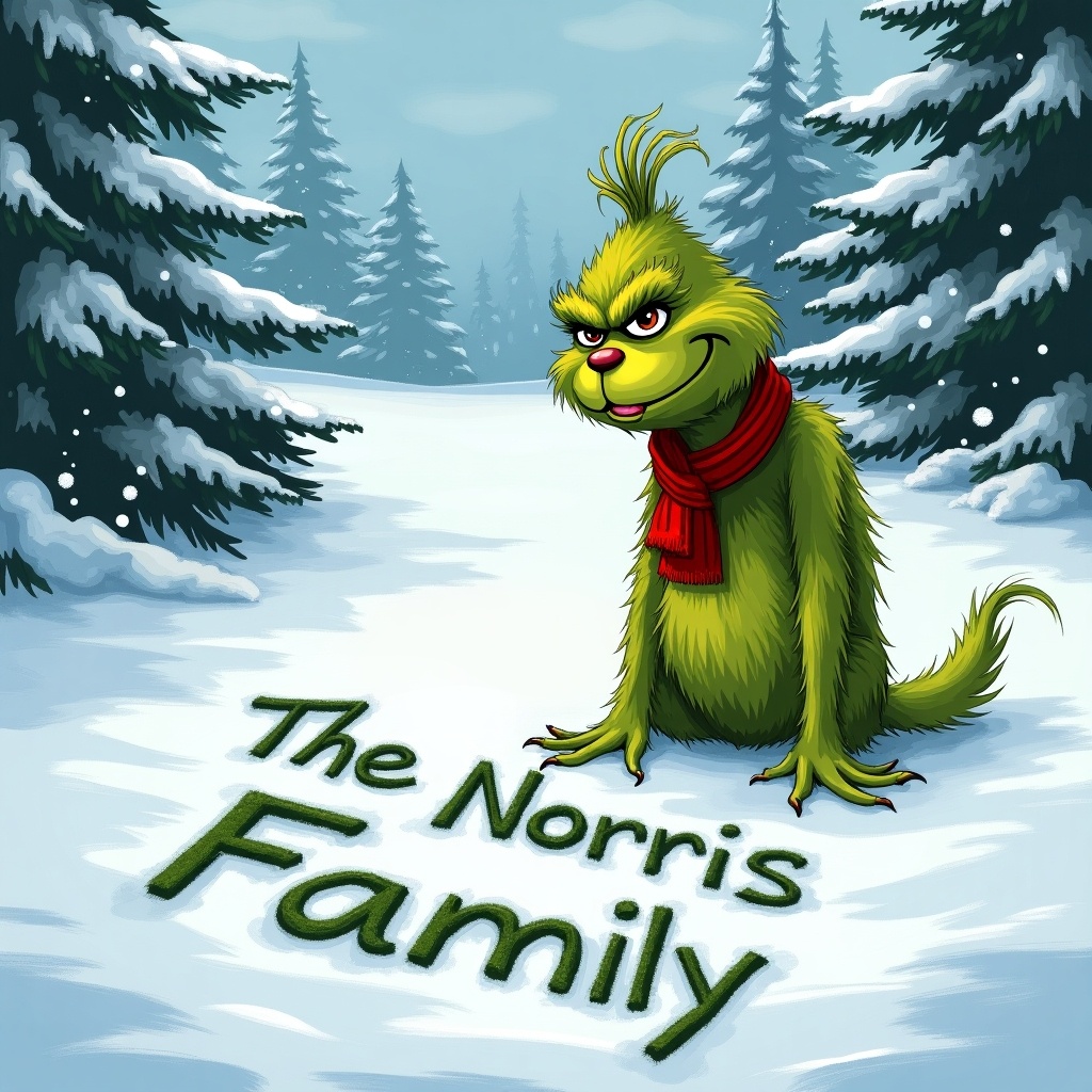 The Grinch writes 'The Norris Family' in the snow. Scene has a lighthearted atmosphere with playful charm. Peaceful winter setting features snow and pine trees. The Grinch is green with fur and wears a red scarf.