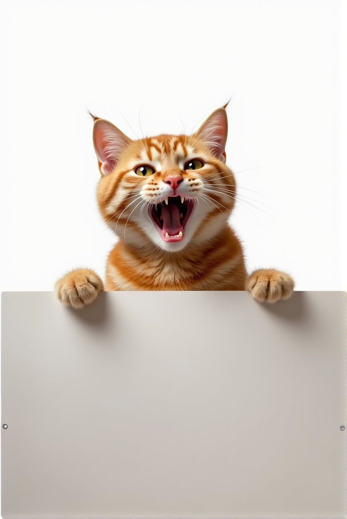 A ginger cat is peeking over a blank sign with its mouth open.