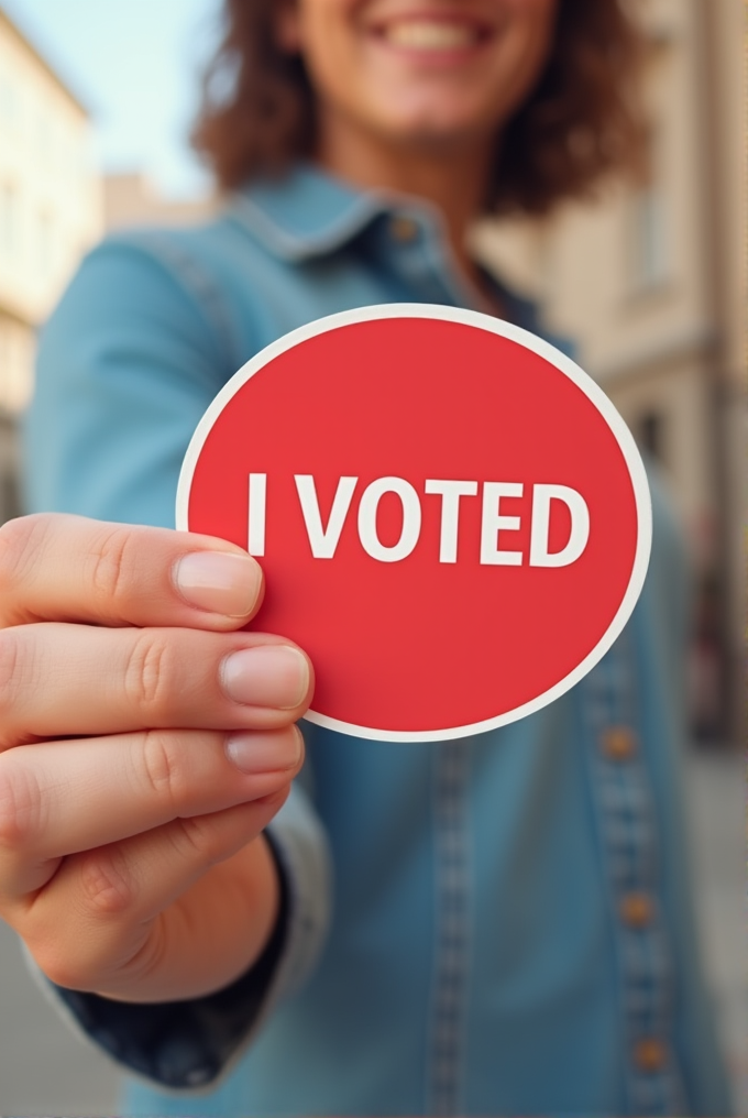 A person in a denim shirt holds a red 'I Voted' sticker with a smiling face blurred in the background.