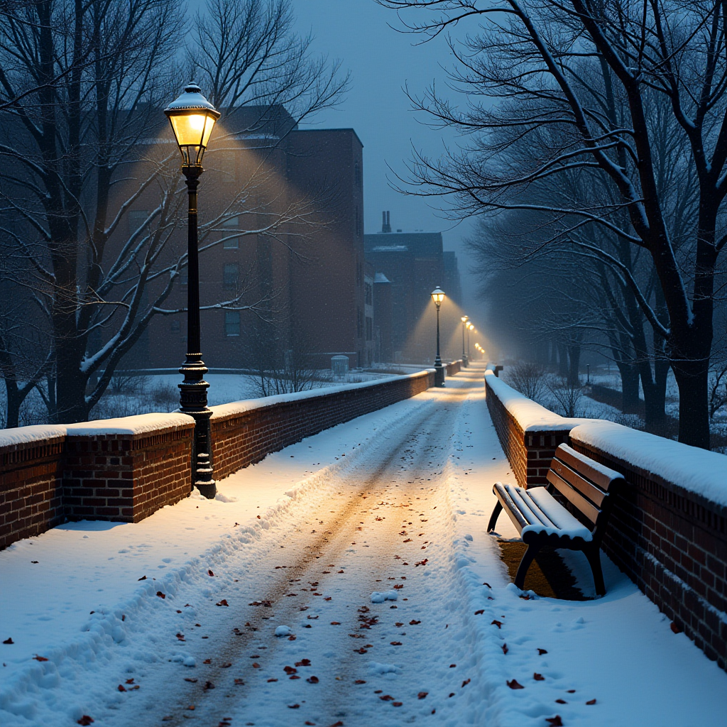 A snow-covered pathway illuminated by street lamps on a tranquil winter evening.