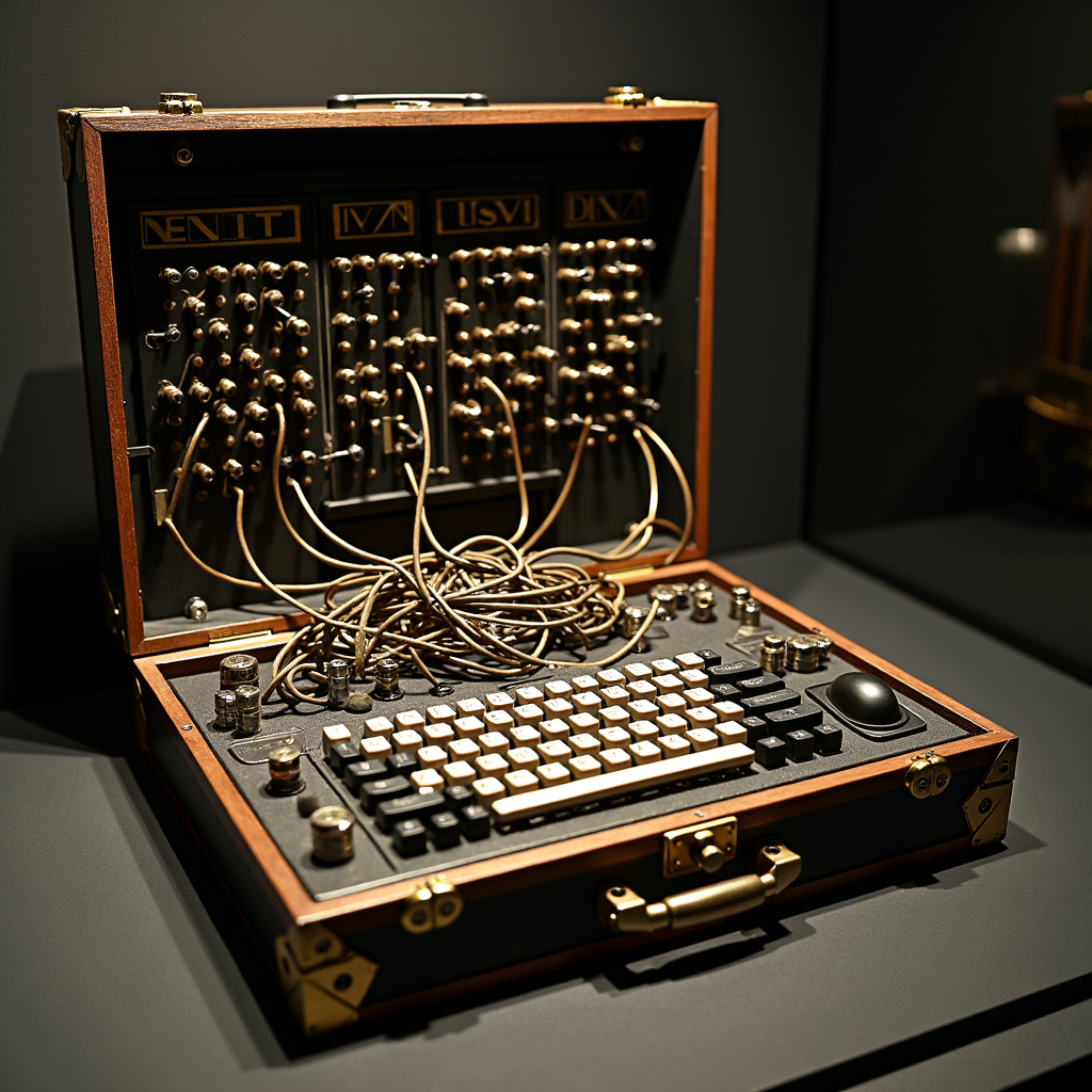 A wooden box opens to reveal a vintage keyboard and complex arrangement of wires in a dimly lit setting.