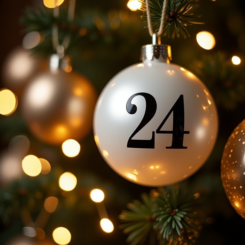 Close-up of a white Christmas bauble with number 24 and logo. Twinkling lights in the background. Magical ambiance for holiday celebrations.