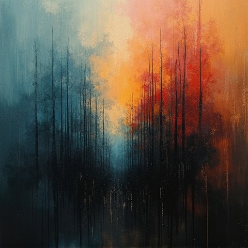 Abstract interpretation with moody translucent colors depicting a dark oblivion. Features gradients, grunge, dirt, and shadows, creating indistinct shapes. Represents abstract expressionism with artsy forms.
