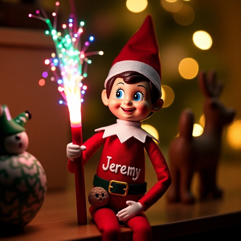 An elf on the shelf joyfully holds a glow stick. The elf has the name Jeremy on its outfit. Soft lighting creates a warm atmosphere with bokeh in the background.