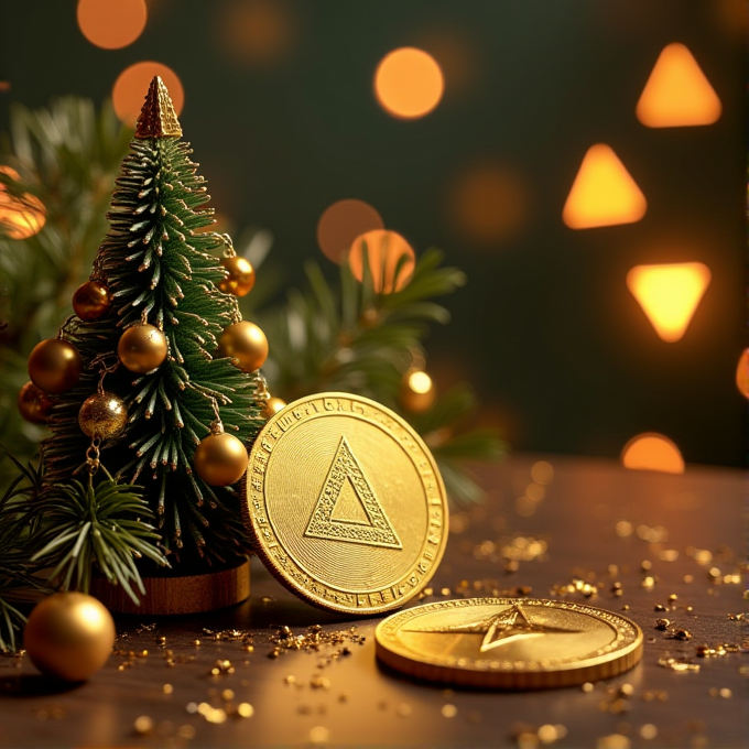 A small Christmas tree with golden ornaments sits next to two gold coins with triangle symbols, against a backdrop of warm, glowing lights.