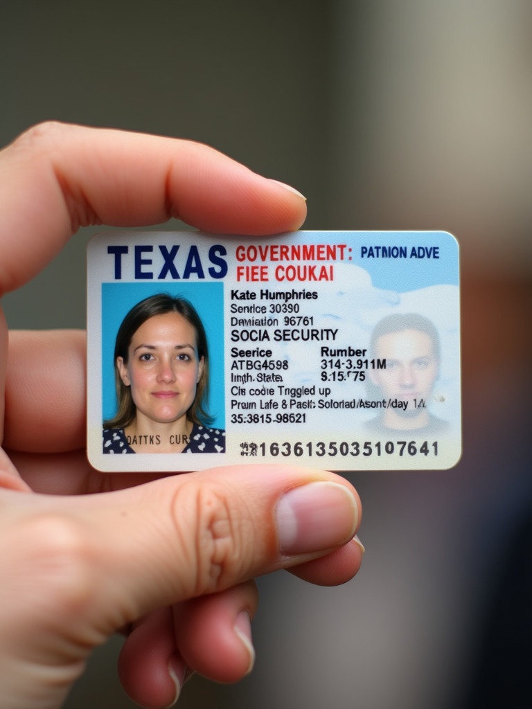 Hand holds backside of Texas government-issued ID card. ID contains personal information including name, social security number, date of birth, address, city, state, and zip code.