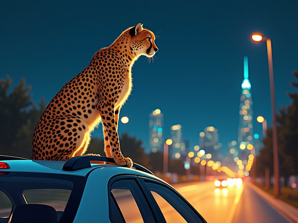 A cheetah is standing majestically on top of a car, overlooking a vibrant city at night. The scene is filled with glimmering lights from skyscrapers in the distance. The cheetah's fur glistens under the soft glow of street lamps. This image captures the beauty of nature intertwined with urban life. It embodies a unique perspective of wildlife thriving in a city setting.