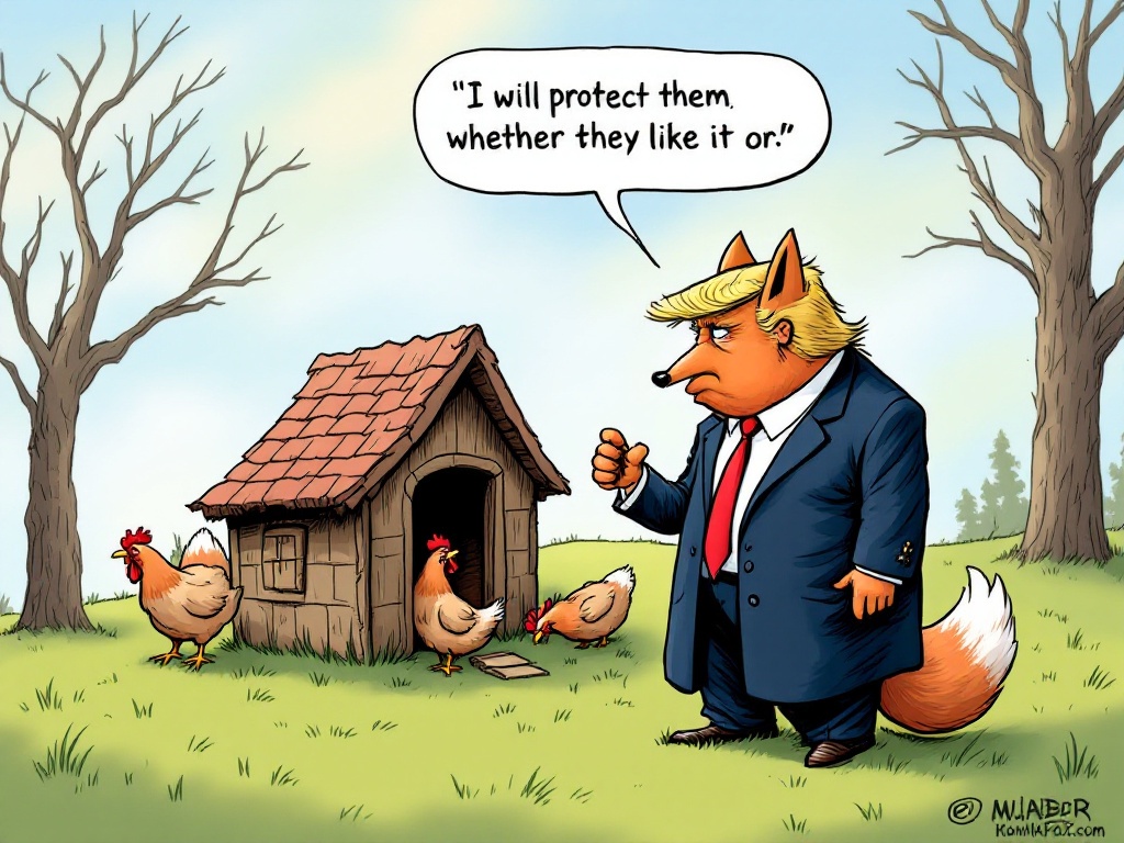 The image depicts a caricature of Donald Trump as a fox guarding a hen house. The fox says "I will protect them whether they like it or not".