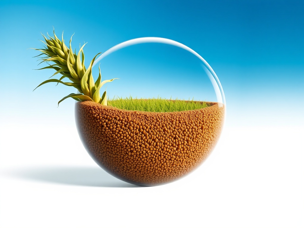 A transparent half-sphere containing soil and a plant against a clear blue sky.