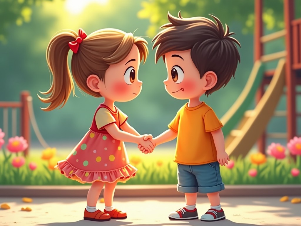 In a vibrant playground setting, a pretty preschool girl and a preschool boy are holding hands. The girl, wearing a polka-dotted dress with a bow in her hair, looks at the boy with curiosity. The boy, in a bright orange t-shirt and shorts, smiles back at her. Both children radiate innocence and friendship. The background features lush greenery and colorful flowers, enhancing the joyful atmosphere. This scene captures the essence of childhood connections and playful moments.