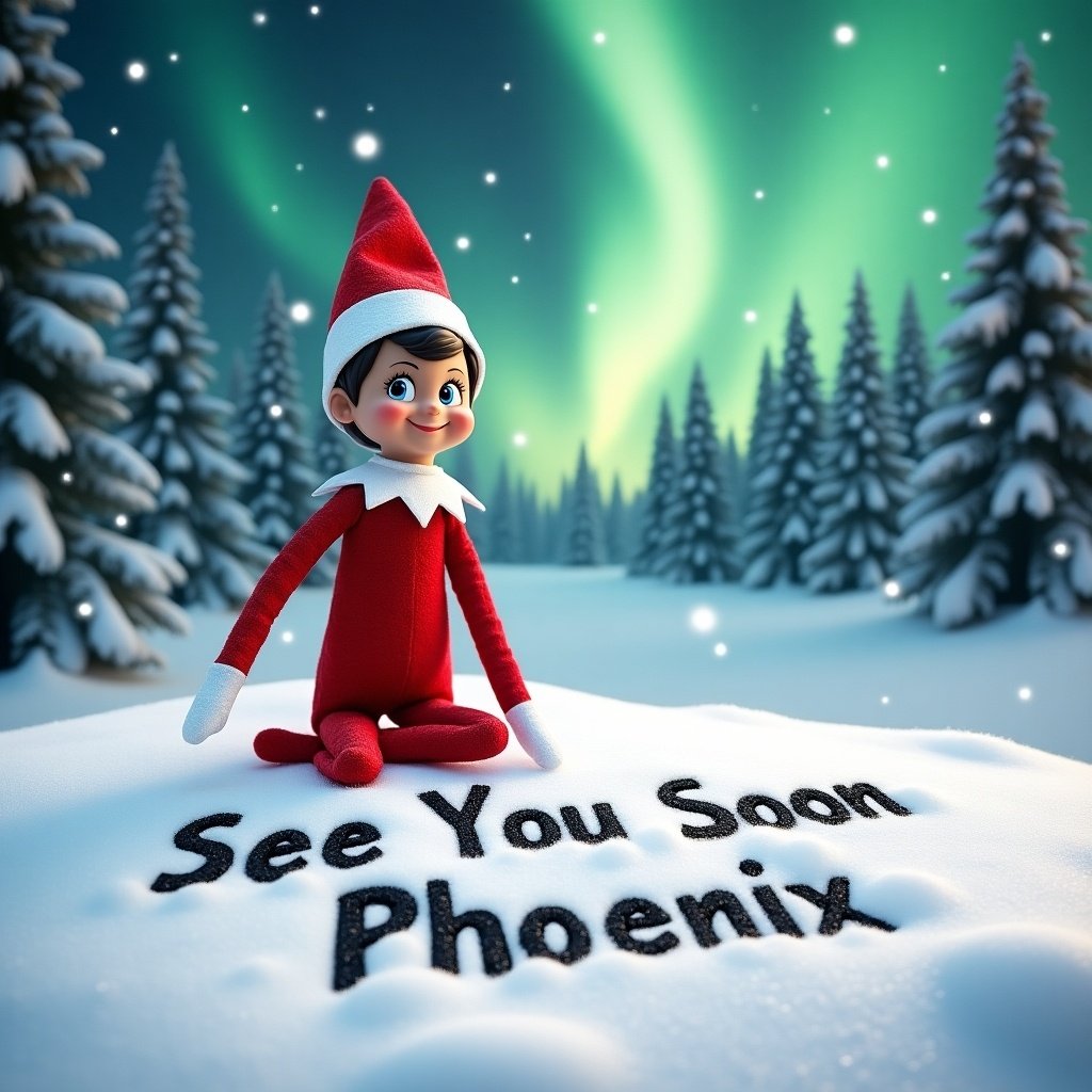 Elf on the shelf writes 'See You Soon Phoenix' in snow outside. Elf wears red outfit with white trim and smiles. Northern lights in background create a festive scene. Snowy landscape shows holiday charm.