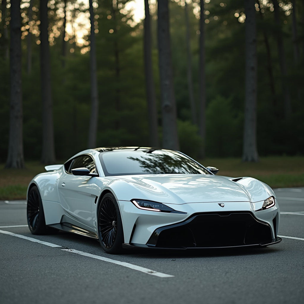 A sleek, modern sports car parked in a serene forest setting.