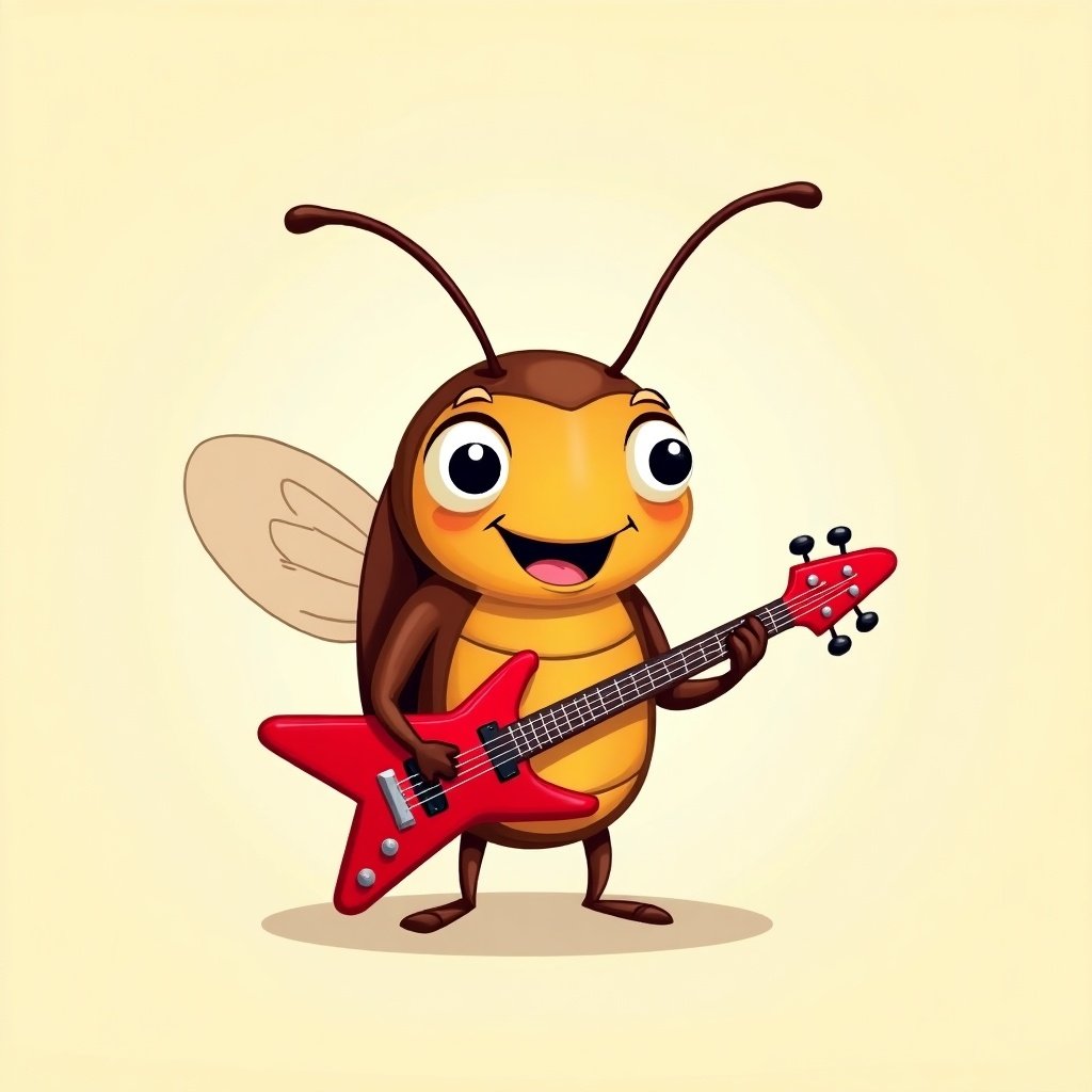 Cartoon insect resembling cockroach is standing upright. Insect is playing an electric guitar. Expression is cheerful with large eyes. Antennae are prominent. Body color is brown and orange. Guitar color is bright red. Background is soft beige. Overall scene is inviting and entertaining.