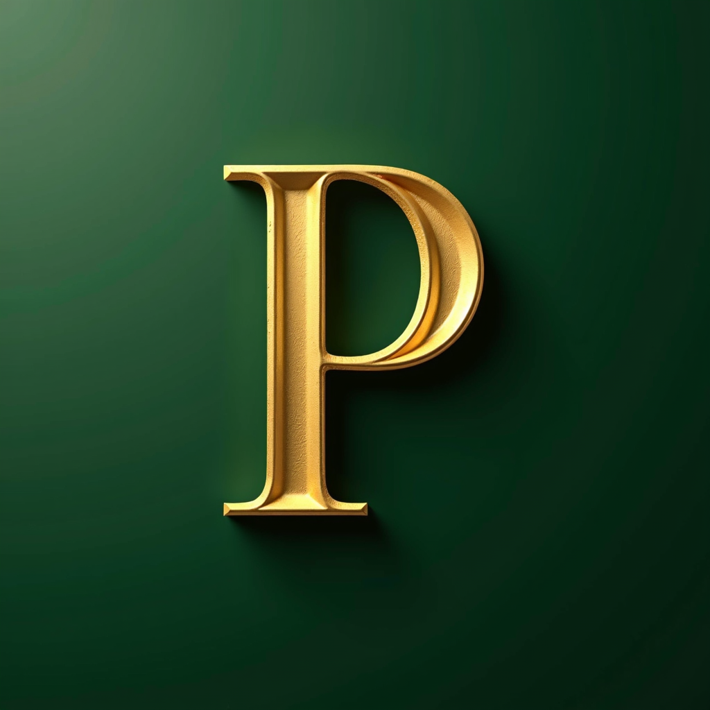 A large golden letter 'P' stands out against a dark green background.