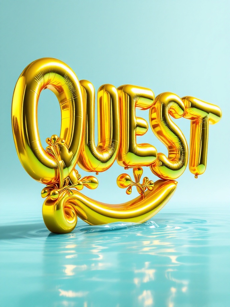 A stunning 'QUEST' word sculpture in vibrant gold color. The design features glossy and smooth surfaces resembling pop art. The letters are exaggerated with artistic curves and a whimsical style. The backdrop is light blue, mimicking the Caribbean sea. The overall look is contemporary and eye-catching.