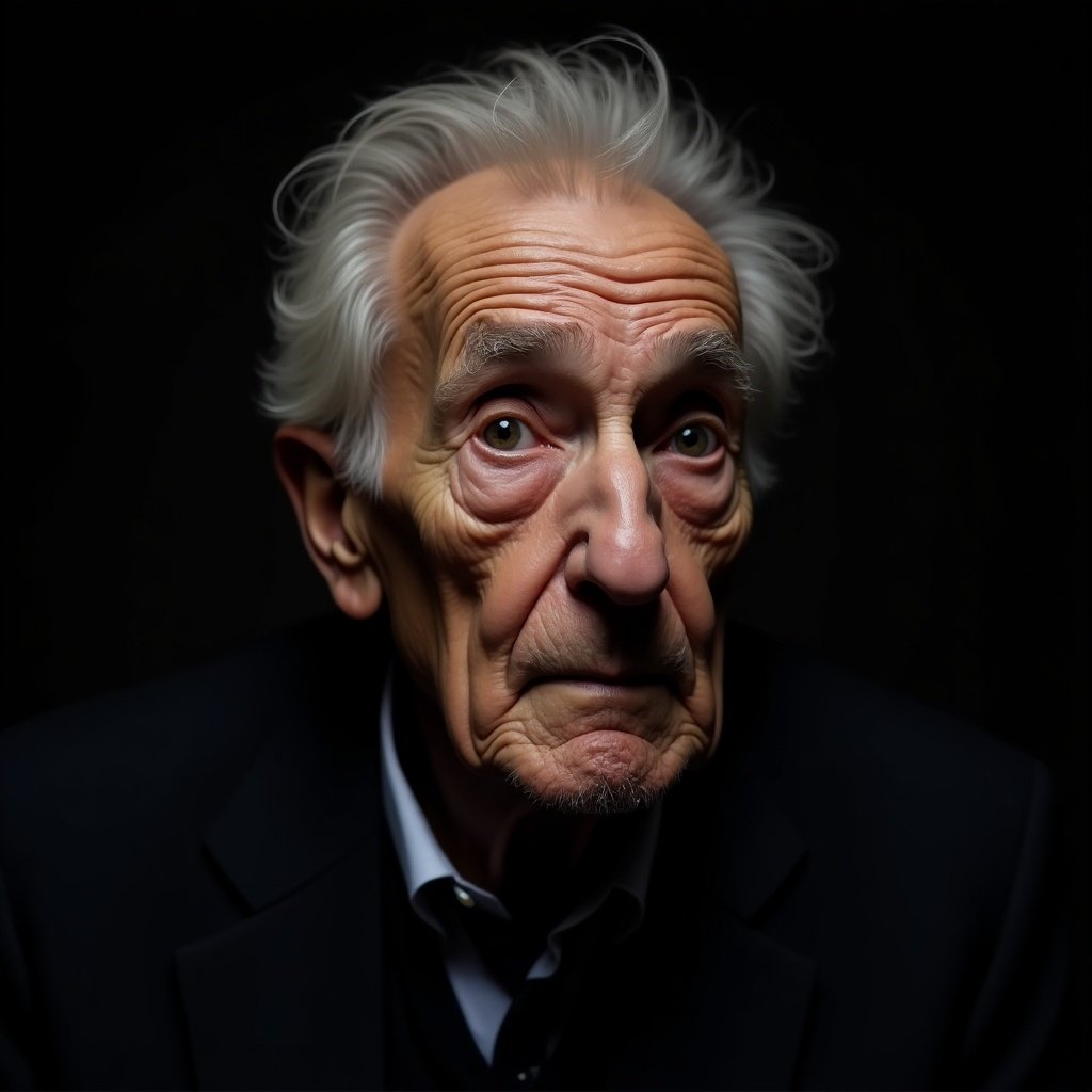 A contemplative elderly person with deep, expressive wrinkles captured in soft lighting against a dark background.