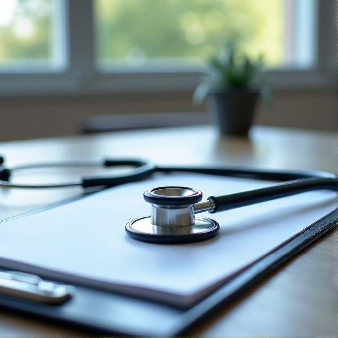 A stethoscope rests on a clipboard with a potted plant and window in the background.