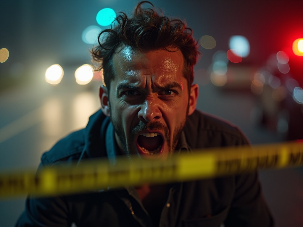 A man behind police tape on a dimly lit street at night, looking angry and shouting. Police lights and cars are blurred in the background, creating a chaotic and tense atmosphere.