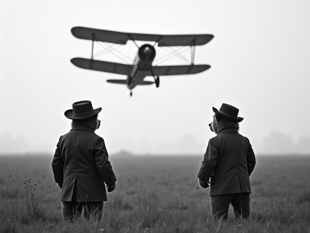 This surreal image features two anthropomorphic bears dressed in smart suits and hats standing in an open grassy field. They are looking at a vintage biplane flying overhead. The scene is captured in grayscale, adding a timeless, dreamlike quality to the image. The contrast between the formal attire of the bears and the natural setting evokes a sense of whimsy and curiosity.