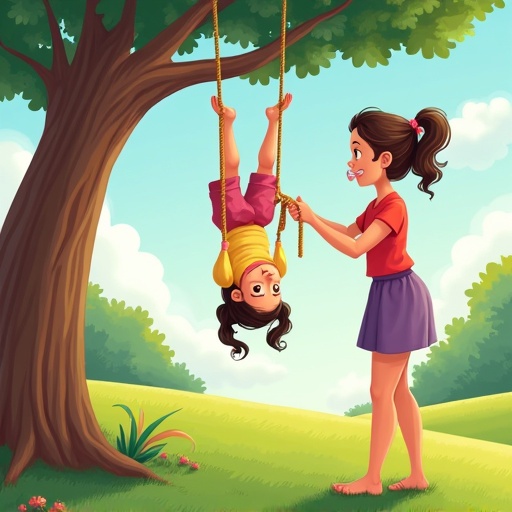 Mother plays with child swinging upside down on a tree branch. Rope attaches to child's legs. Oversized pacifier in child's mouth. Bright sunny day in a park setting.