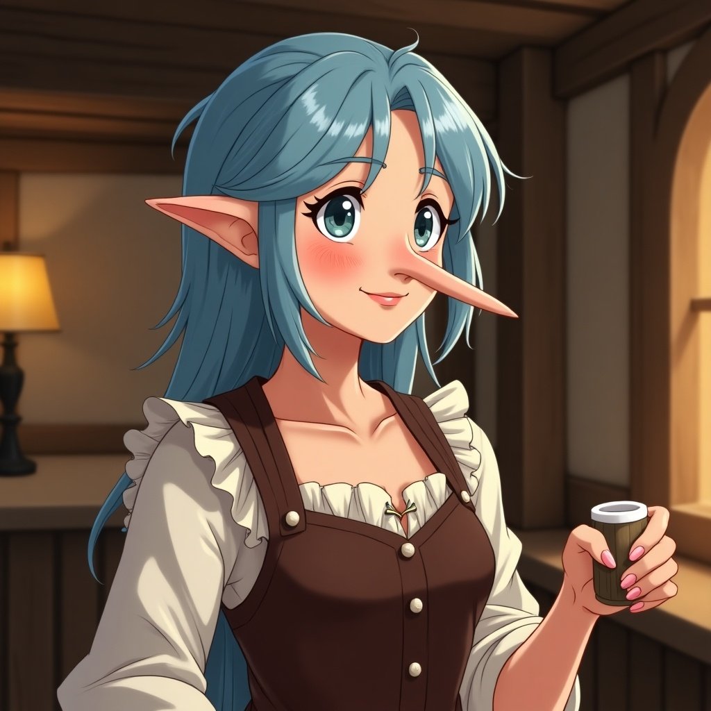 Anime portrait features a female elf inn keeper. Character has long pointed nose and ice blue hair. Setting resembles a cozy inn interior.