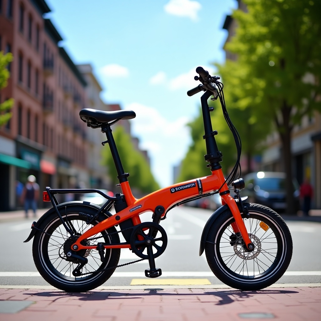 An orange Brompton bike parked on a city street. The bike is in a side view position. Green trees and buildings are in the background. The day is bright and sunny. The street is empty with a few pedestrians in the distance.