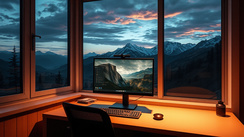 A cozy workspace featuring a computer on a desk, illuminated by soft light, with stunning snow-capped mountains and a dramatic evening sky visible through large windows.