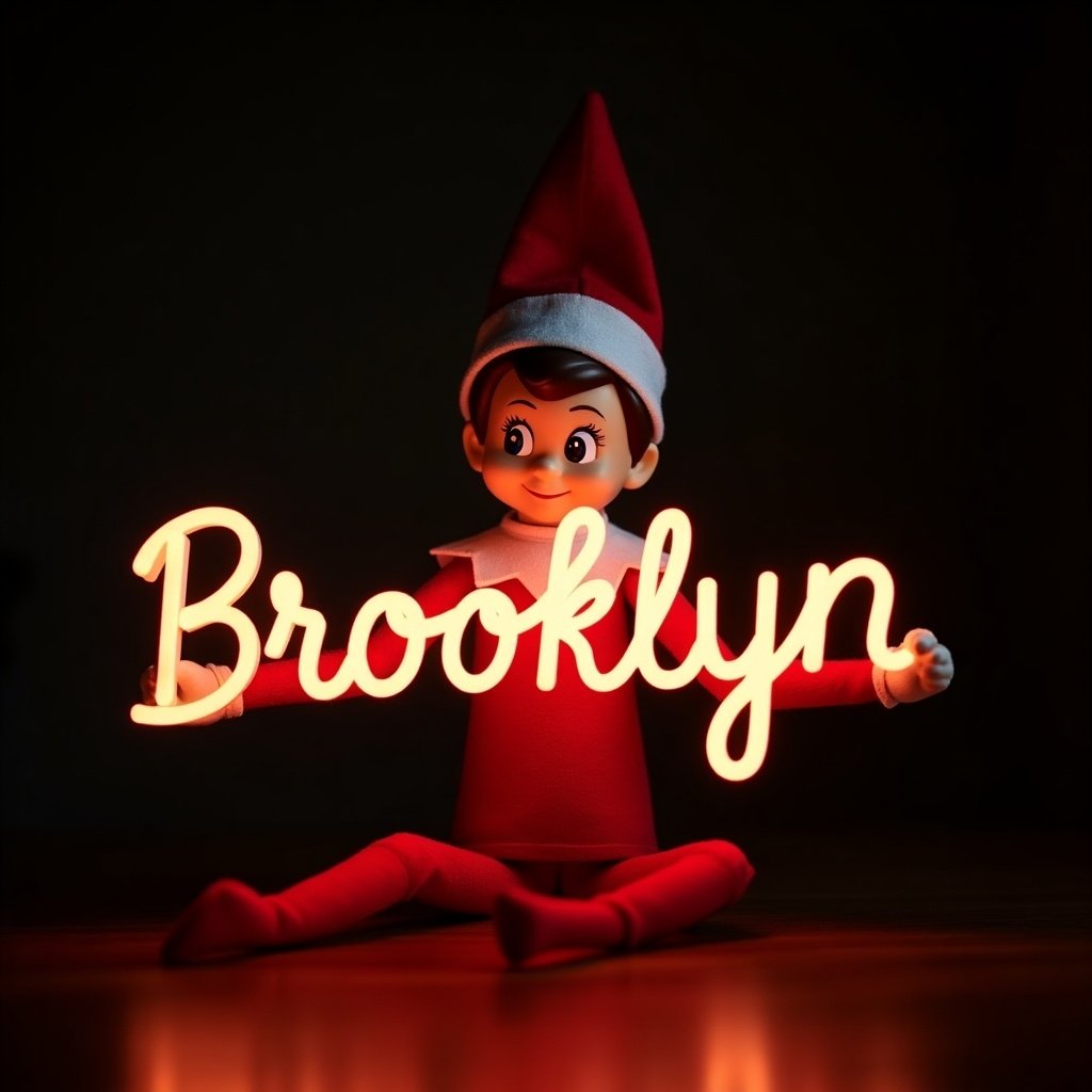 This image features a charming Elf on the Shelf character dressed in traditional red and white attire. The elf holds a glow stick that forms the name 'Brooklyn.' The soft light emanating from the text creates a warm, festive vibe. The background is dark, enhancing the warm glow of the text. This setup evokes a cozy holiday atmosphere, radiating the magic and cheer associated with Christmas celebrations.