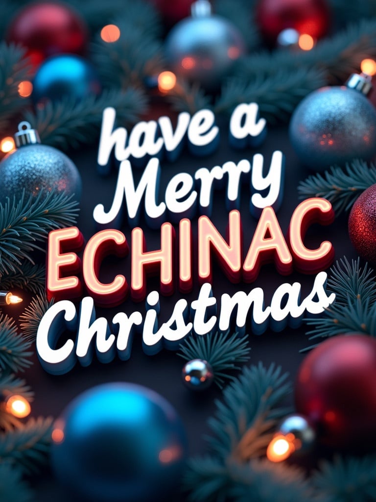 Three-dimensional diagonal text in white has the message 'have a Merry ECHINAC Christmas'. Blue, red, and silver ornaments are placed around the text. Twinkling Christmas lights are visible throughout the scene.