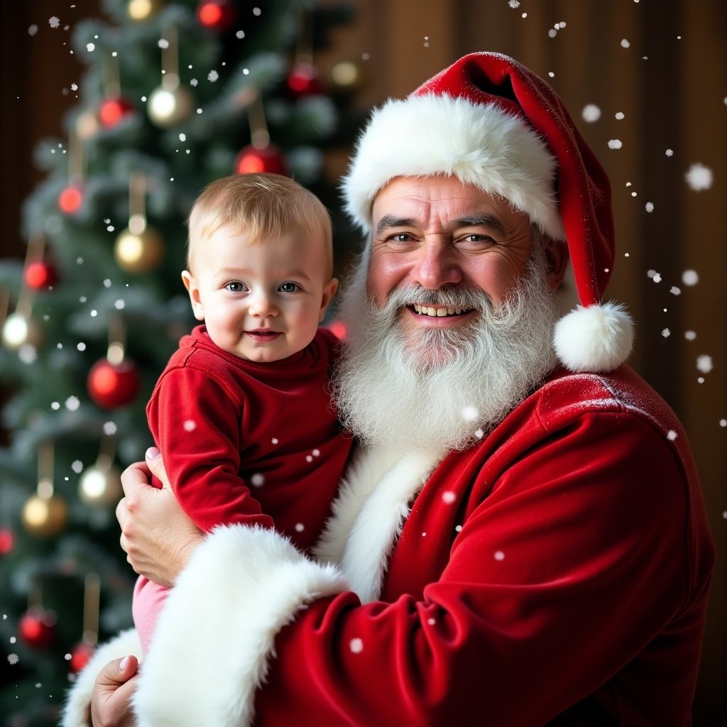 Santa Claus holds a baby. Santa wears a red suit. A beautifully decorated Christmas tree is in the background. Snowflakes fall. The scene feels festive and cheerful.