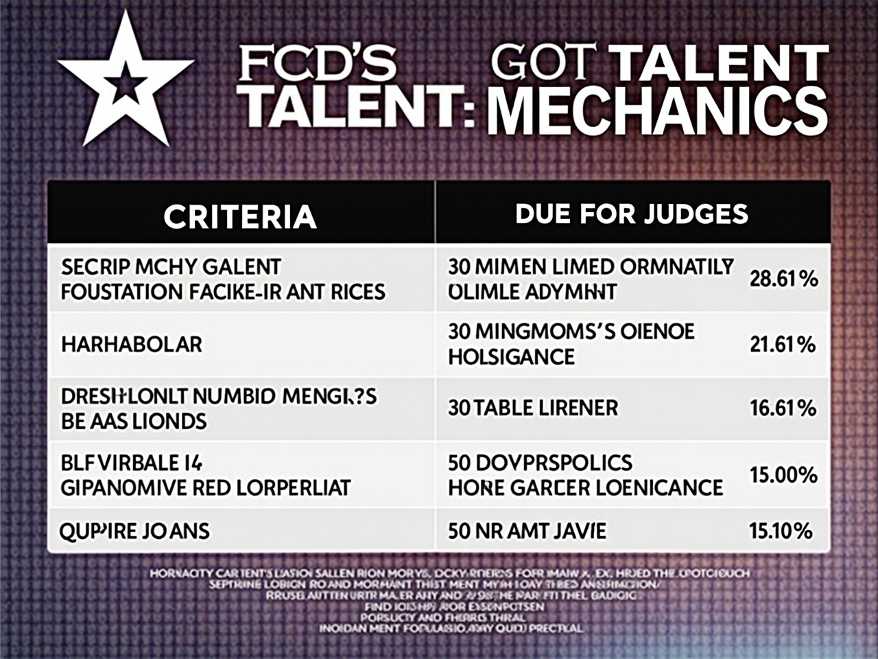 This image outlines the mechanics for the 'FCD's Got Talent' event. It provides a clear format for participants, stating that all departments must have at least one representative. Performers can go solo or in groups, with a maximum presentation time of six minutes. The criteria for judging performances, including talent, originality, and audience impact, are clearly defined. Additional rules ensure fairness and safety during the event, establishing a professional and structured talent showcase.