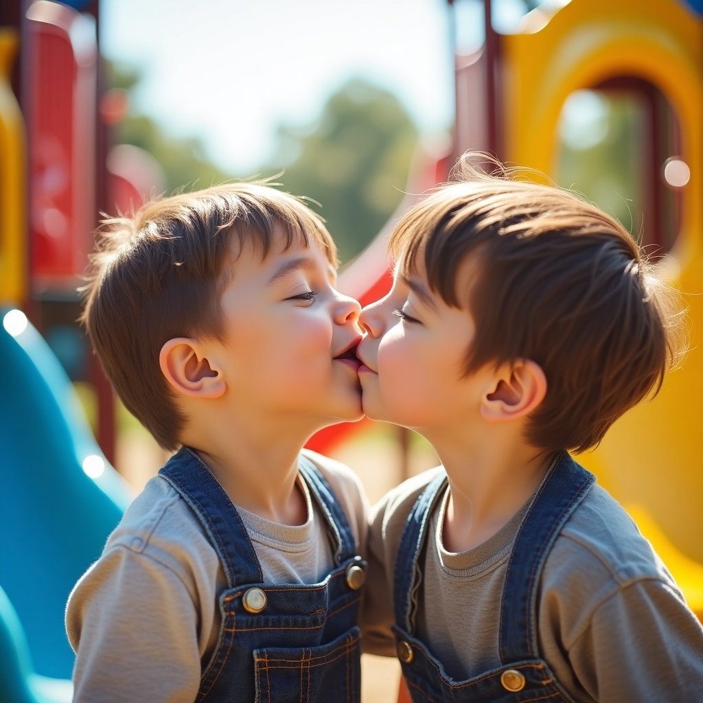 Image features two little boys playfully kissing on the lips in a colorful playground. Surrounding play equipment includes slides. Boys show joyful expressions highlighting innocence and affection. Bright sunlight enhances vibrant colors, capturing childhood friendship and love in a carefree environment.