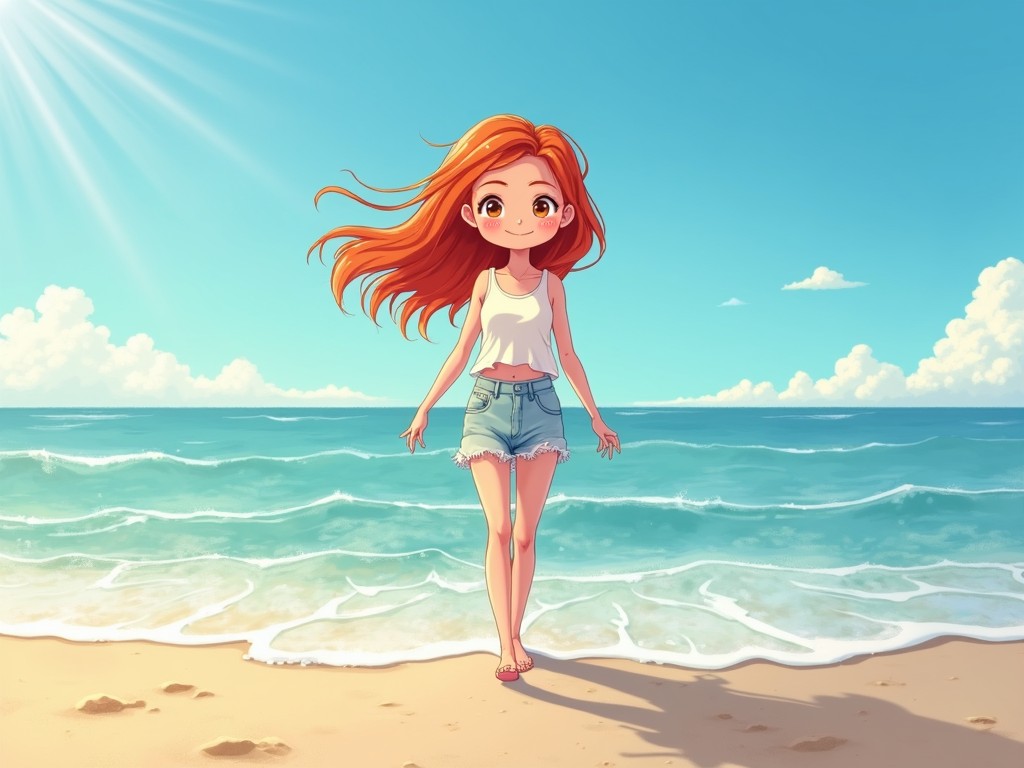 A vibrant anime-style illustration showcasing a cheerful girl with long, flowing red hair, walking barefoot on a sandy beach. She is dressed in a casual white tank top and denim shorts, perfectly blending with the scenic background of blue ocean waves under a clear sky. The sunlight casts a warm glow, enhancing the playful and carefree vibe of the image.