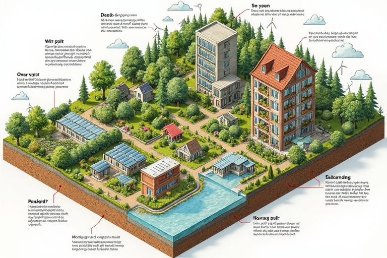 A detailed isometric illustration of a sustainable city integrated with nature includes vertical farms solar panels wind turbines circular food system livestock and greenhouses natural water filtration systems agroforestry and diverse housing styles in watercolor style with Dutch text labels describing elements