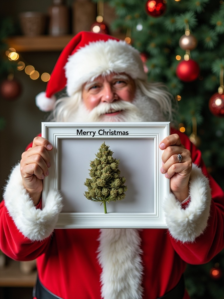 Santa in red costume holds a white picture frame with Merry Christmas written. Background features a decorated Christmas tree. Santa expresses a playful, festive spirit.