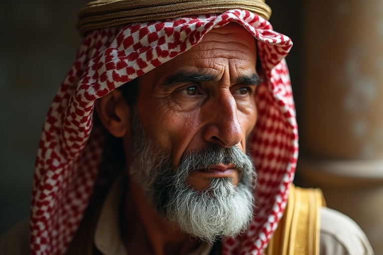 Portrait of an elderly man with a sad expression. The man has a beard and is wearing traditional attire with a red and white headdress. Background is softly blurred for focus.