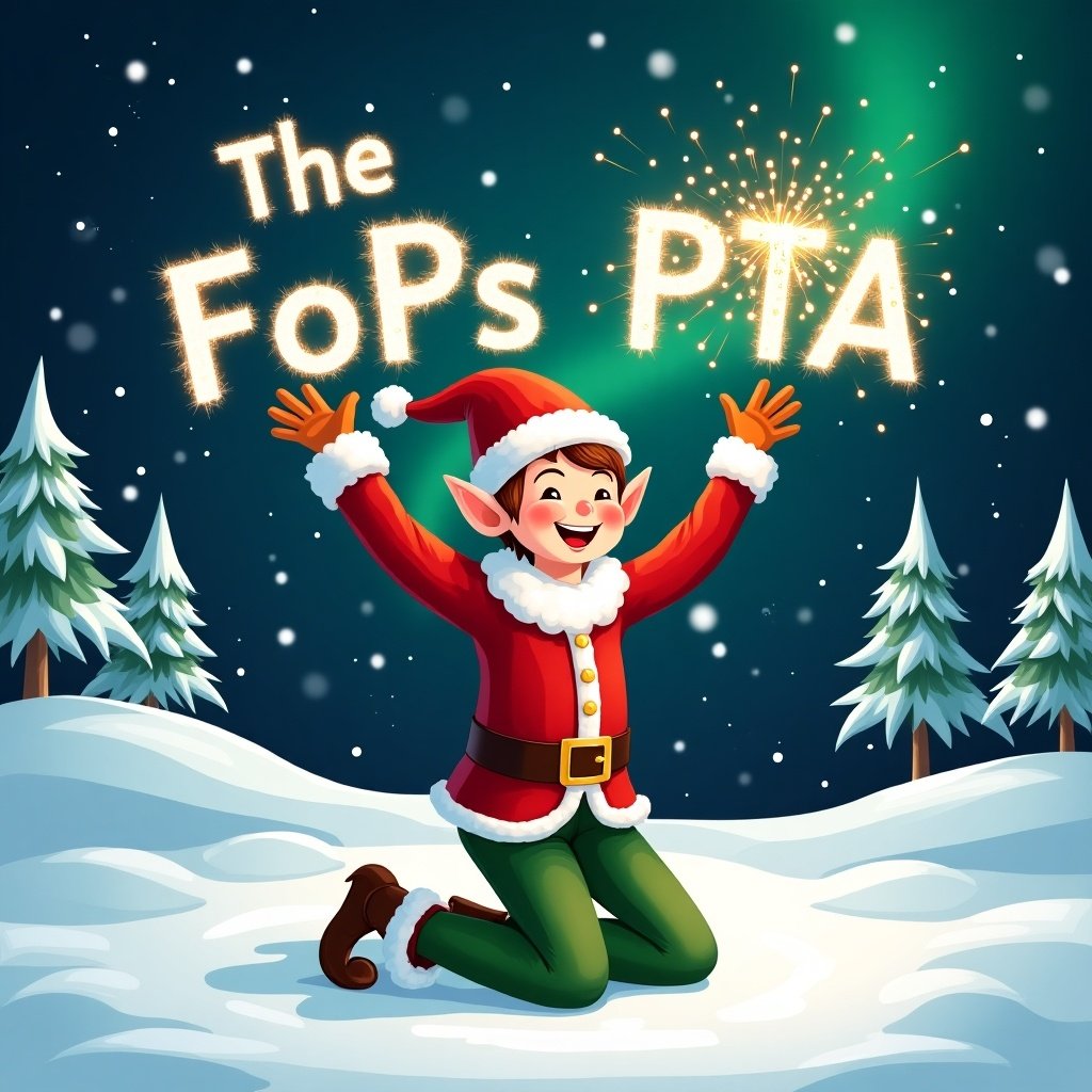 Cheerful elf in red and green outfit kneels in snowy landscape. Elf joyfully writes 'The FoPs PTA' with sparkler. Snow-covered trees in background. Northern lights illuminate night sky. Bright colorful whimsical art style for holiday theme.