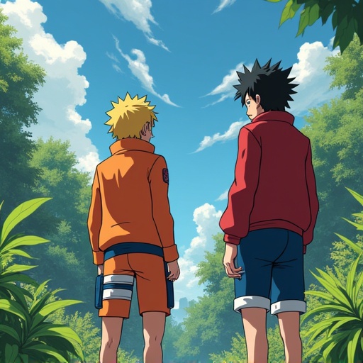 Naruto and Luffy are standing together in a garden. They are both looking towards a blue sky. Bright sun and clouds surround them. Naruto wears an orange outfit. Luffy has a red jacket. Lush green plants are everywhere.