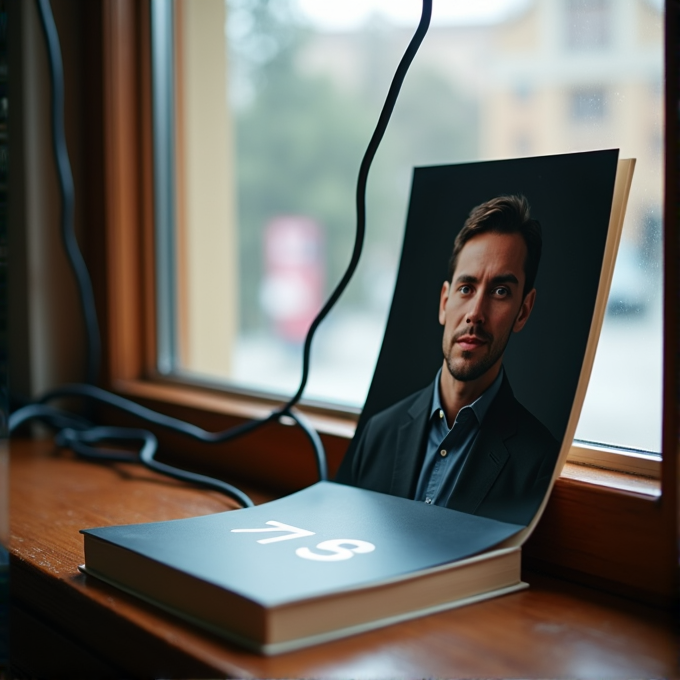 A book stands open on a windowsill, displaying a portrait of a man in a suit, with a cable draped over it.