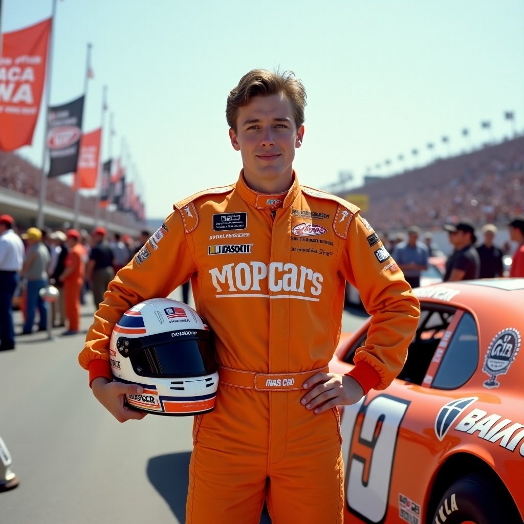 NASCAR driver in his 20s poses confidently in orange racing suit. Driver holds helmet under one arm, smiles at camera. Race car featured in background. Scene set at a speedway, lively atmosphere with flags and fans.