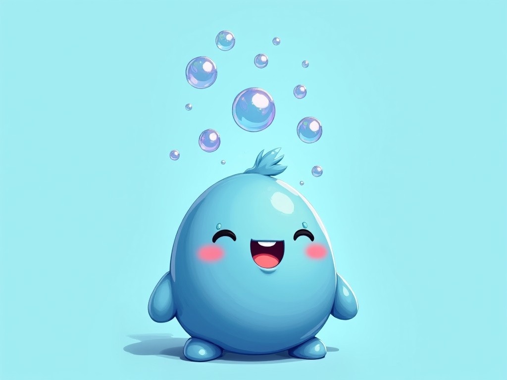 This image showcases a small, round, blue character with a big smile. Its cheeks are rosy, adding to its friendly appearance. Above its head, whimsical bubbles float, contributing to a playful atmosphere. The character's color palette is simple, emphasizing various shades of blue. This design is perfect for engaging with a young audience and evokes feelings of joy and playfulness.