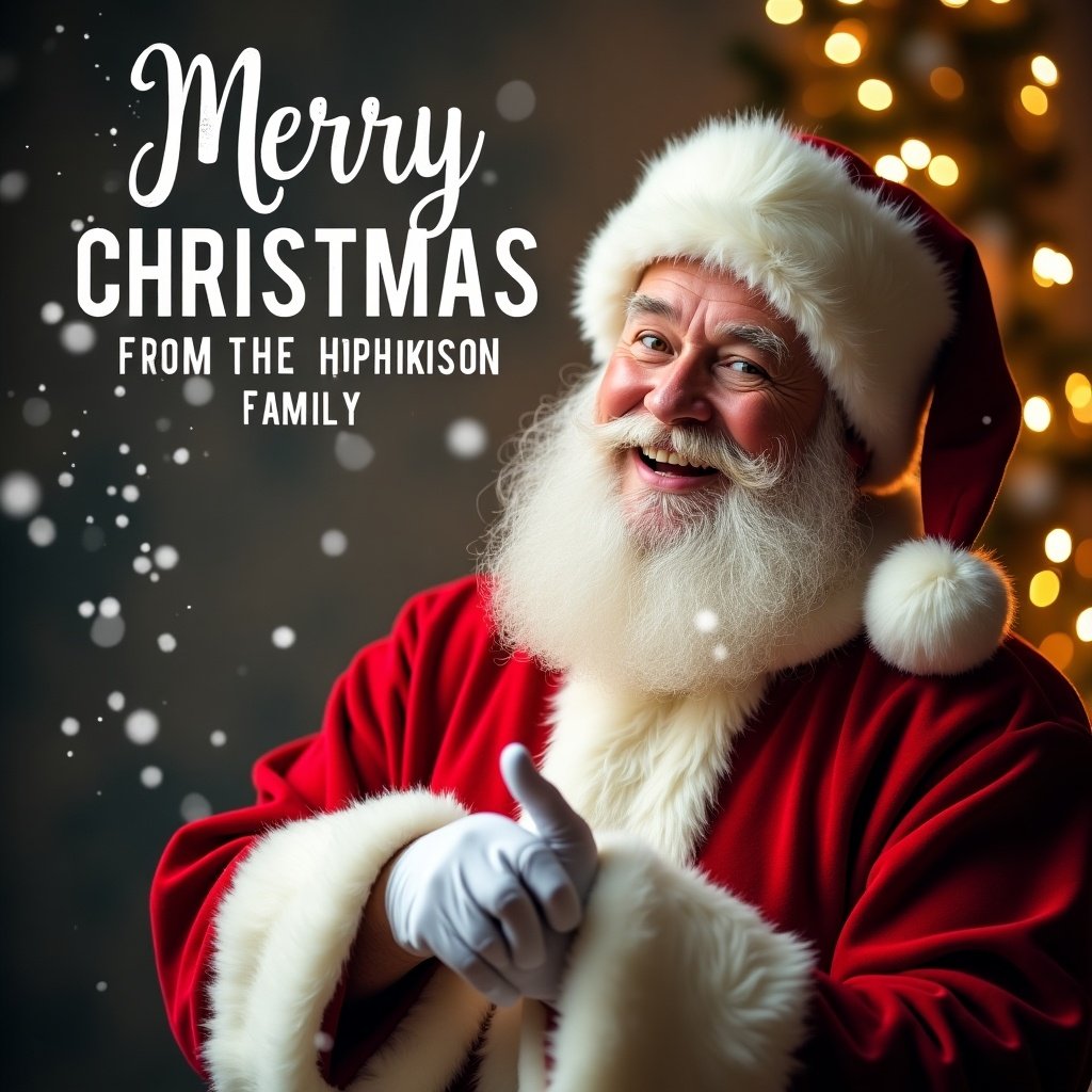 Cheerful Santa Claus depicted with joyful expression in red suit. Background shows glowing lights and falling snowflakes. Text 'Merry Christmas from the Hopkinson Family' present. Scene exudes warmth and holiday spirit.