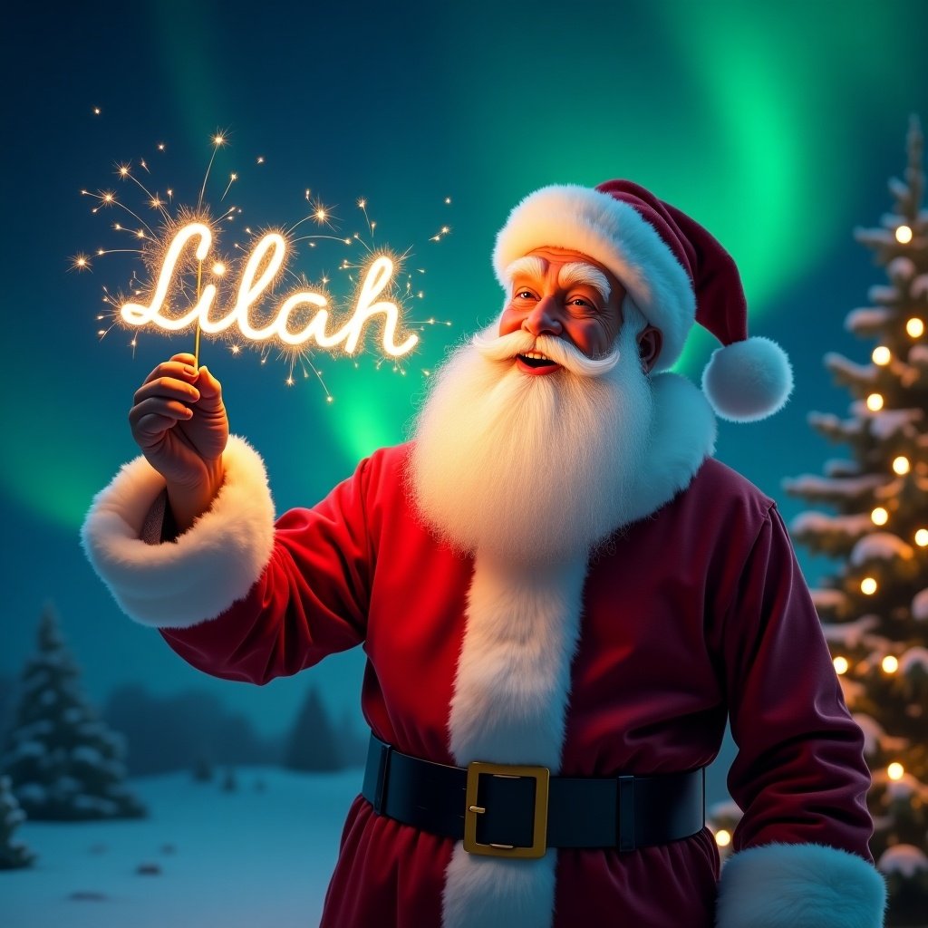 Realistic Santa Claus smiles while writing with a sparkler. Night sky with glowing Northern Lights. Christmas tree decorates the scene.