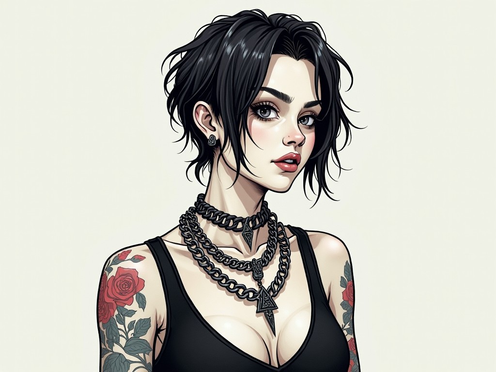 The illustration features a gender fluid person with an androgynous appearance. Their hair is styled in a short, edgy cut, complementing their striking features. The subject has vibrant tattoos on their arms, showcasing designs like roses. They wear multiple metal necklaces that add to their punk look. The character exudes confidence and individuality, with a subtle smirk and piercing gaze. The overall vibe is edgy and contemporary, perfect for an alternative fashion context.