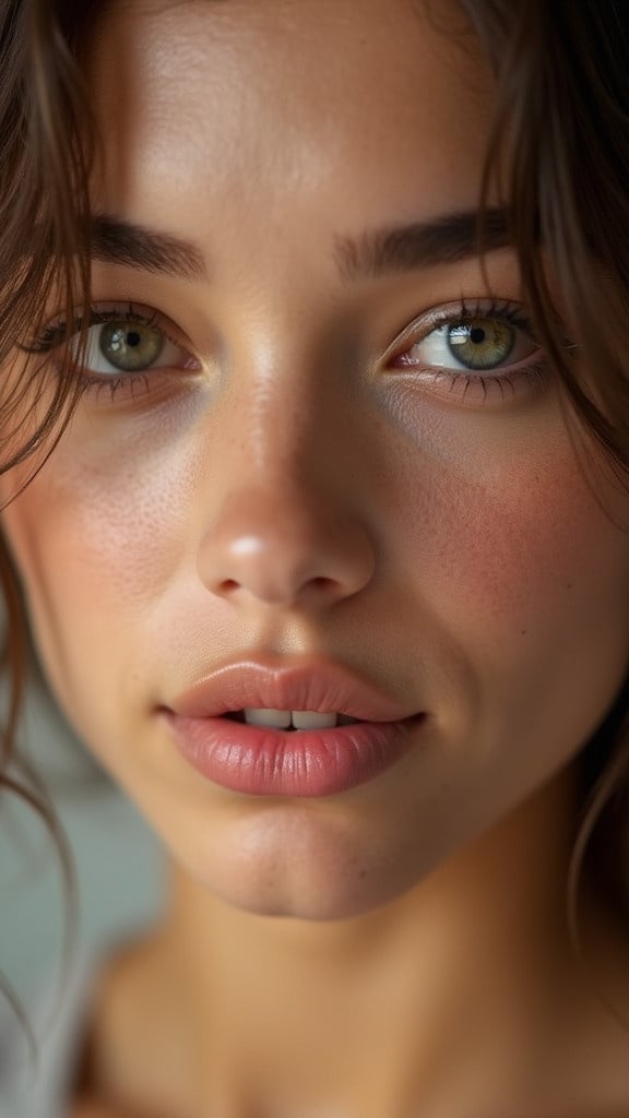 Close-up shot focused on neck and shoulders of a beautiful subject. The image showcases flawless skin and slight smile under soft and warm lighting. The photorealistic style emphasizes beauty standards.